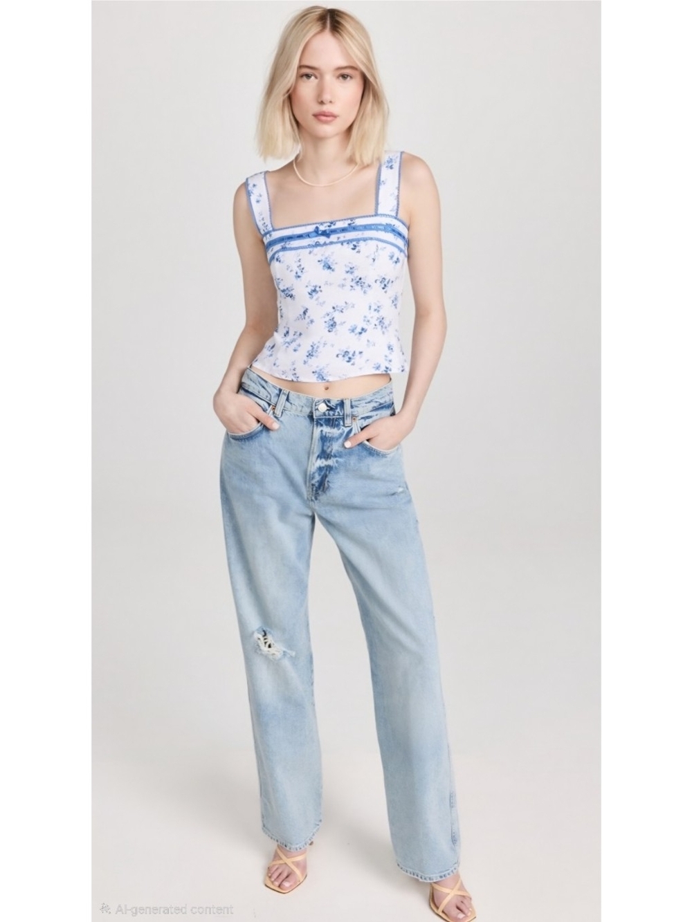 Reformation Linen Top 0 Eloise Orlaya Floral Lace Bow Coquette Crop Blue & White